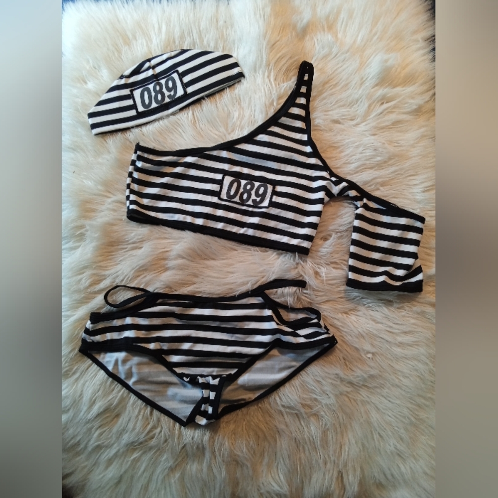 Striped Black and White Women's Prison Lingerie Costume